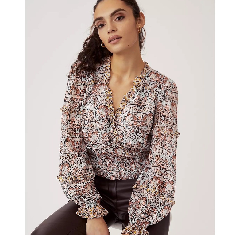 Anthropologie Paisley Floral Smocked Waist Surplice Blouse Terracotta Sage M